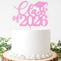 Pink Glittering Grad Class of 2026 Cake Pick Topper